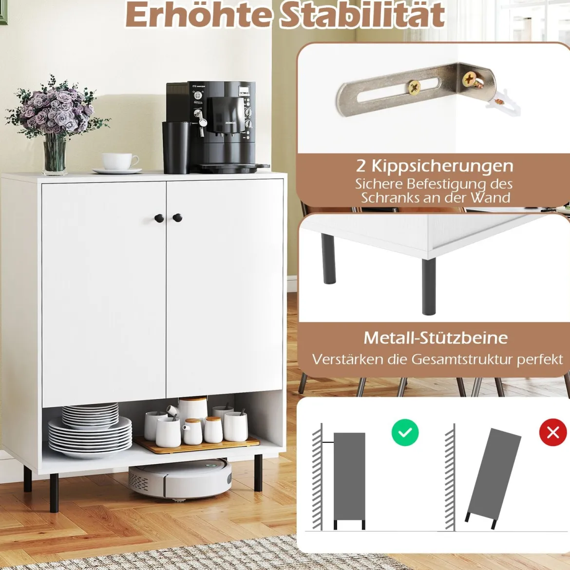 Sideboard Holz Kommode mit verstellbaren Ablagen & 2 Türen Anrichteschrank Buffetschrank Küchenschrank 75 x 35 x 95 cm Weiß