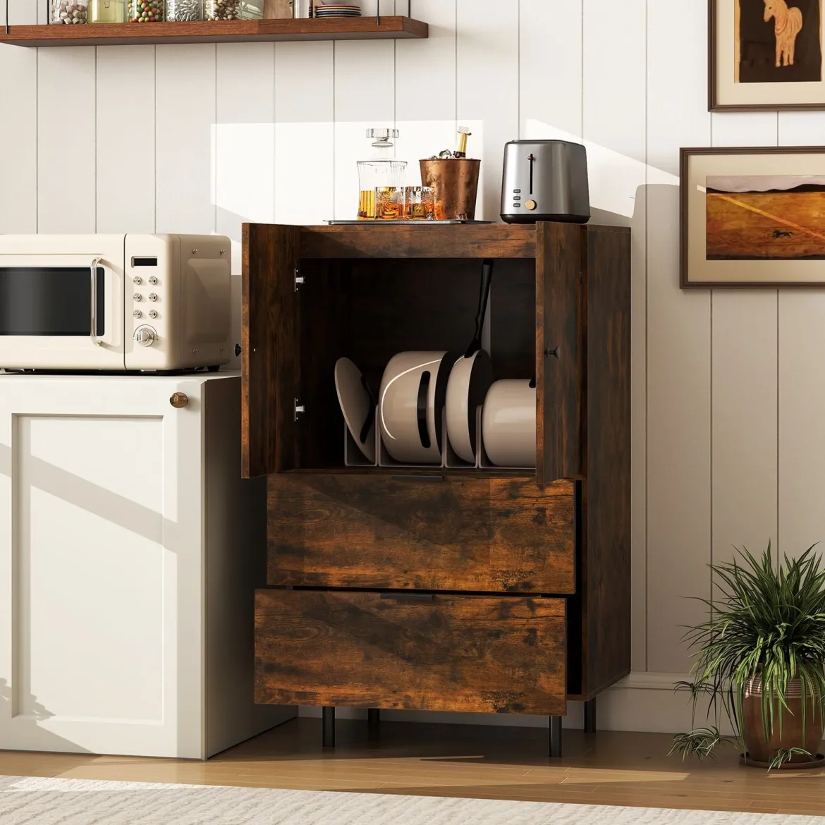 Sideboard Holz mit Metallbeinen Buffetschrank Servierschrank mit Schubladen & Türen 60 x 41,5 x 102 cm Kaffee