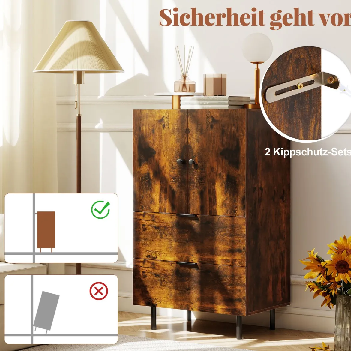 Sideboard Holz mit Metallbeinen Buffetschrank Servierschrank mit Schubladen & Türen 60 x 41,5 x 102 cm Kaffee