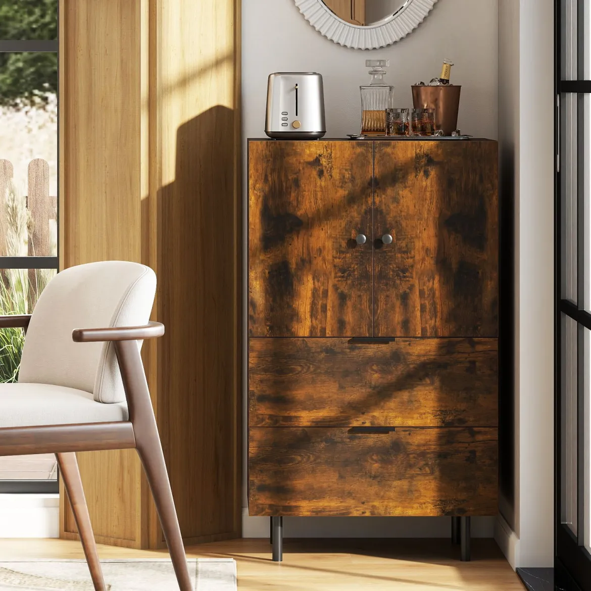 Sideboard Holz mit Metallbeinen Buffetschrank Servierschrank mit Schubladen & Türen 60 x 41,5 x 102 cm Kaffee