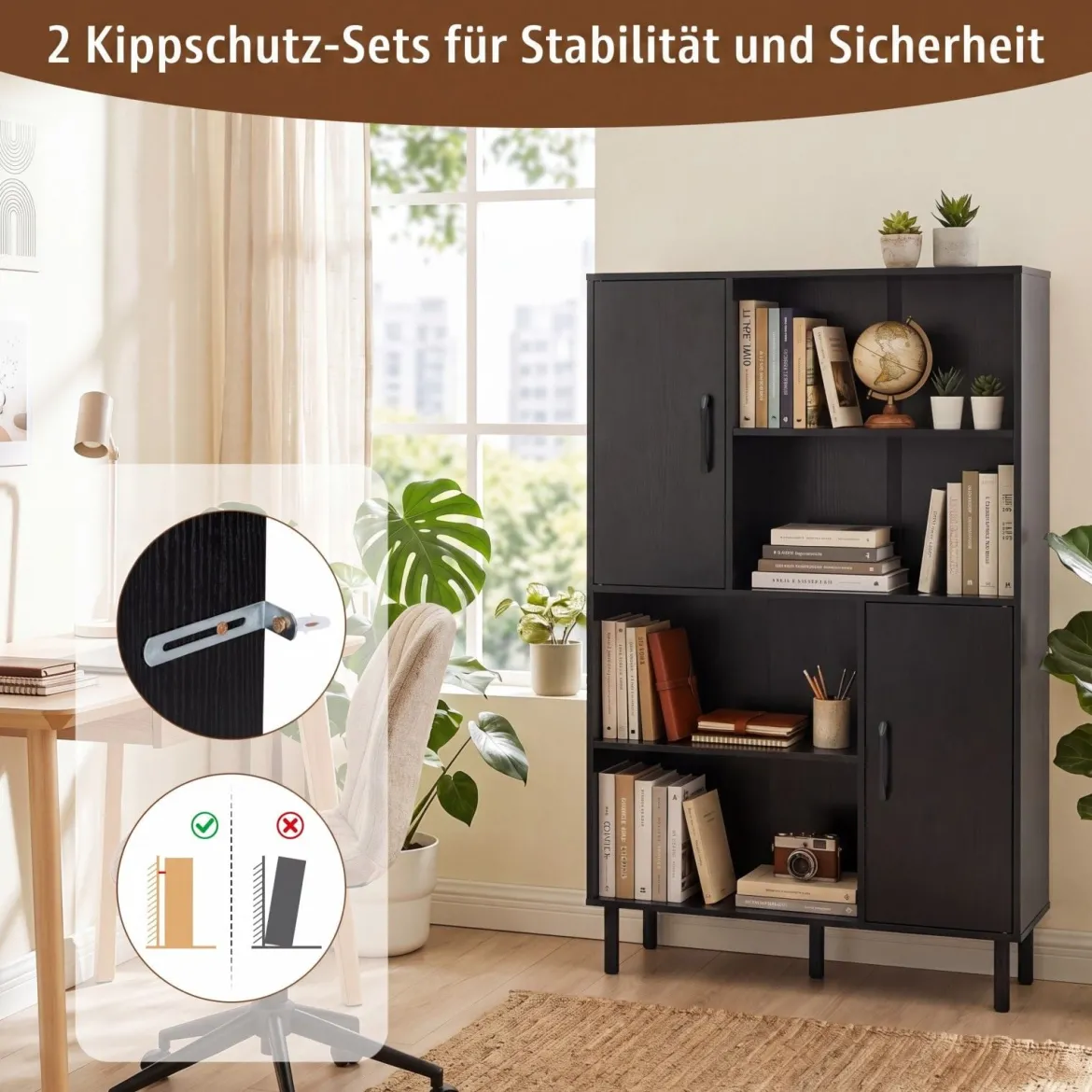 Sideboard Küchenschrank mit 4 Offenen Fächern & 2 Schränken mit Türen Kommode Braun/Schwarz