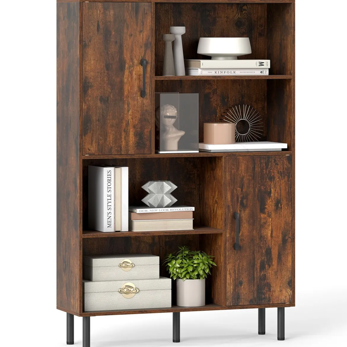 Sideboard Küchenschrank mit 4 Offenen Fächern & 2 Schränken mit Türen Kommode Braun/Schwarz