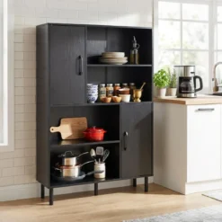 Sideboard Küchenschrank mit 4 Offenen Fächern & 2 Schränken mit Türen Kommode Braun/Schwarz