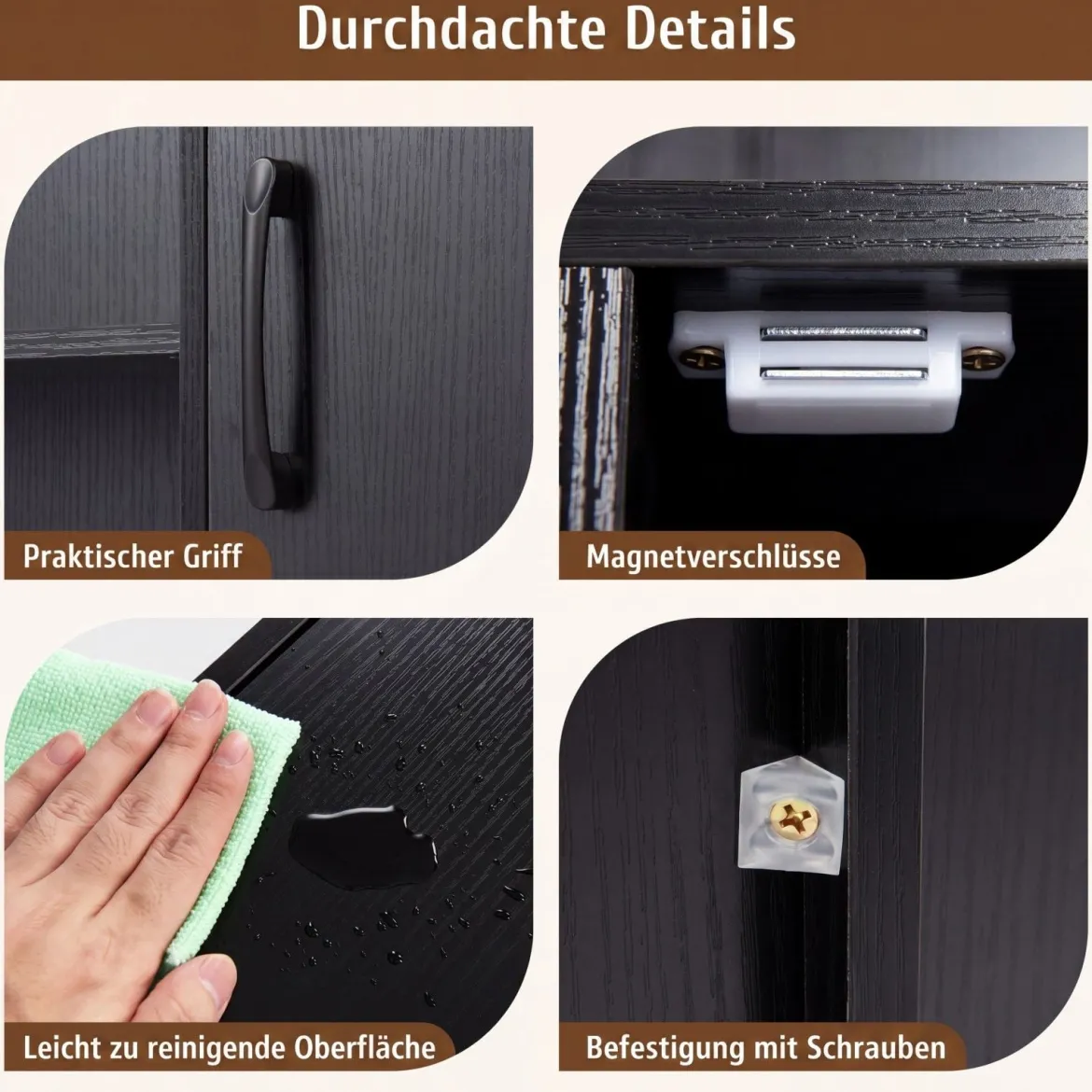 Sideboard Küchenschrank mit 4 Offenen Fächern & 2 Schränken mit Türen Kommode Braun/Schwarz
