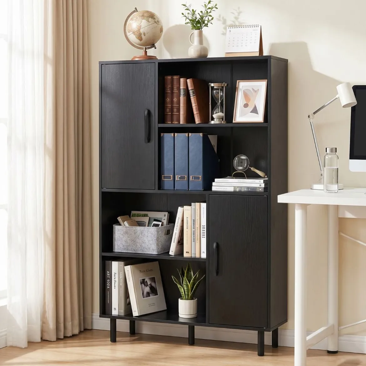 Sideboard Küchenschrank mit 4 Offenen Fächern & 2 Schränken mit Türen Kommode Braun/Schwarz