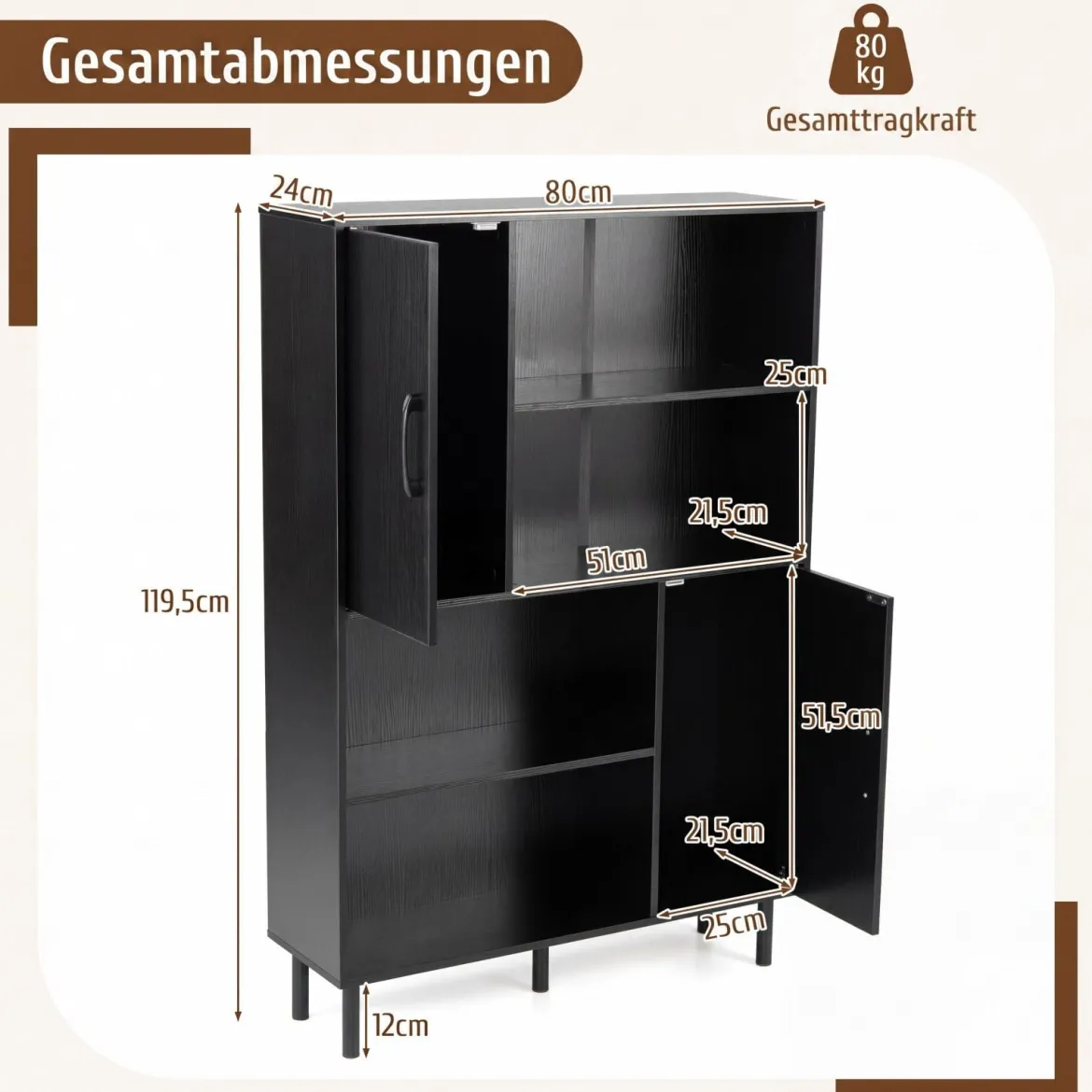 Sideboard Küchenschrank mit 4 Offenen Fächern & 2 Schränken mit Türen Kommode Braun/Schwarz