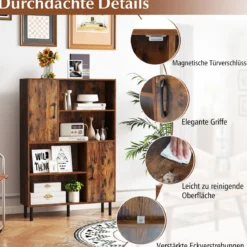 Sideboard Küchenschrank mit 4 Offenen Fächern & 2 Schränken mit Türen Kommode Braun/Schwarz