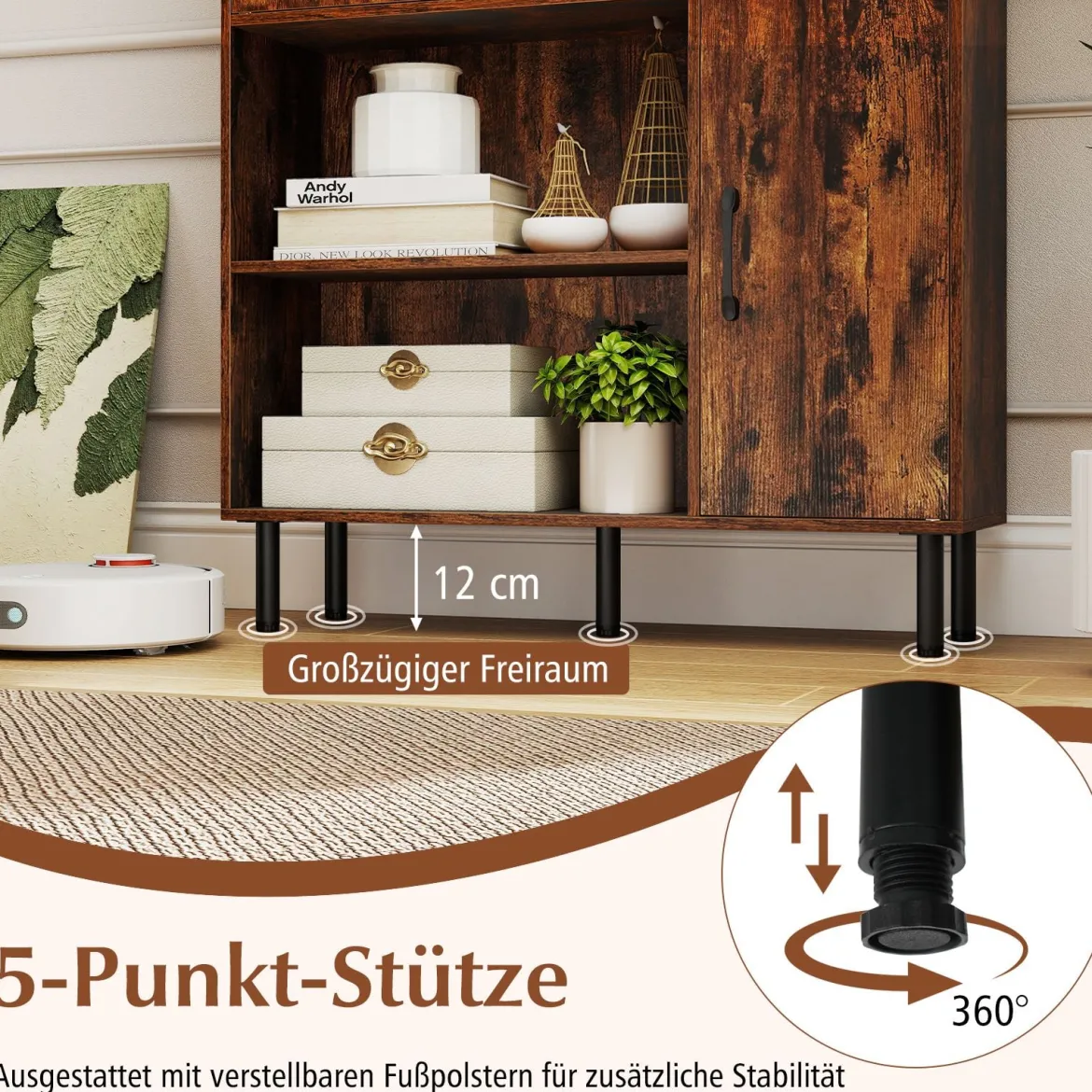 Sideboard Küchenschrank mit 4 Offenen Fächern & 2 Schränken mit Türen Kommode Braun/Schwarz