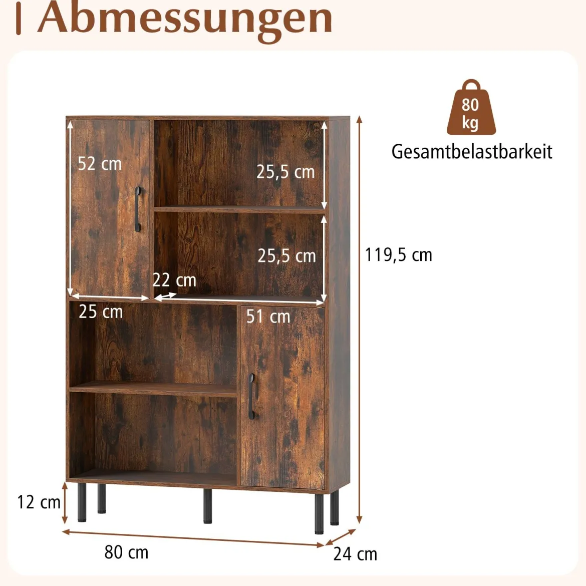 Sideboard Küchenschrank mit 4 Offenen Fächern & 2 Schränken mit Türen Kommode Braun/Schwarz
