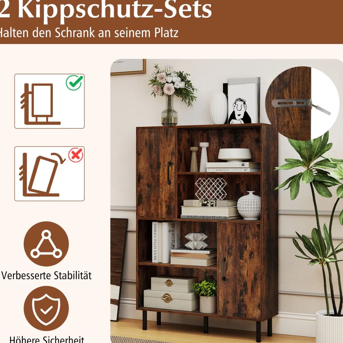 Sideboard Küchenschrank mit 4 Offenen Fächern & 2 Schränken mit Türen Kommode Braun/Schwarz
