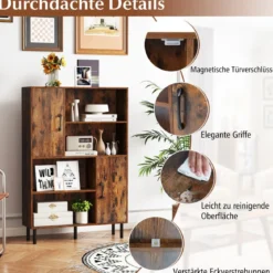 Sideboard Küchenschrank mit 4 Offenen Fächern & 2 Schränken mit Türen Kommode Braun/Schwarz