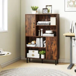 Sideboard Küchenschrank mit 4 Offenen Fächern & 2 Schränken mit Türen Kommode Braun/Schwarz