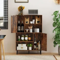 Sideboard Küchenschrank mit 4 Offenen Fächern & 2 Schränken mit Türen Kommode Braun/Schwarz