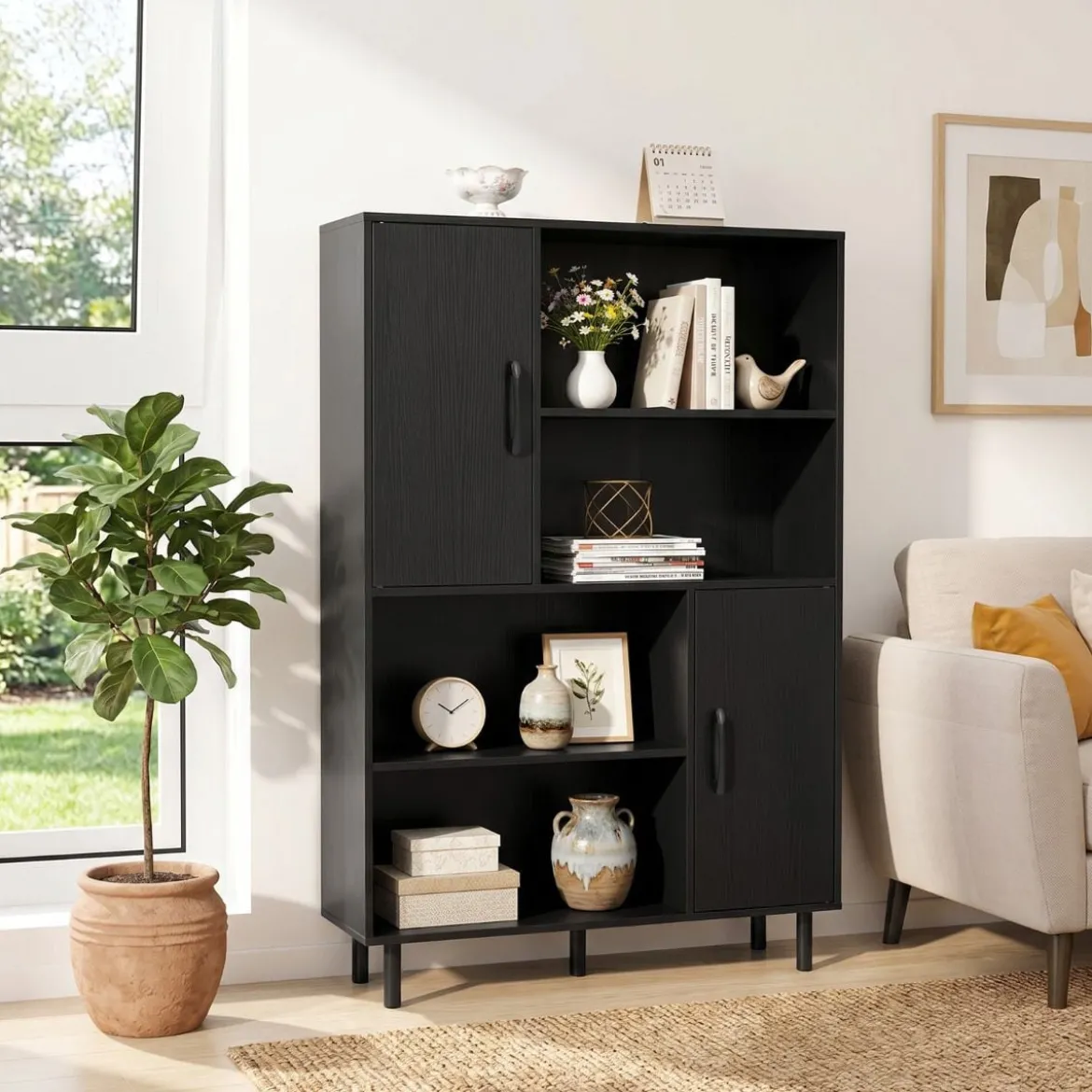 Sideboard Küchenschrank mit 4 Offenen Fächern & 2 Schränken mit Türen Kommode Braun/Schwarz