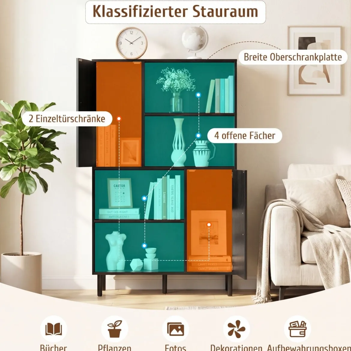 Sideboard Küchenschrank mit 4 Offenen Fächern & 2 Schränken mit Türen Kommode Braun/Schwarz