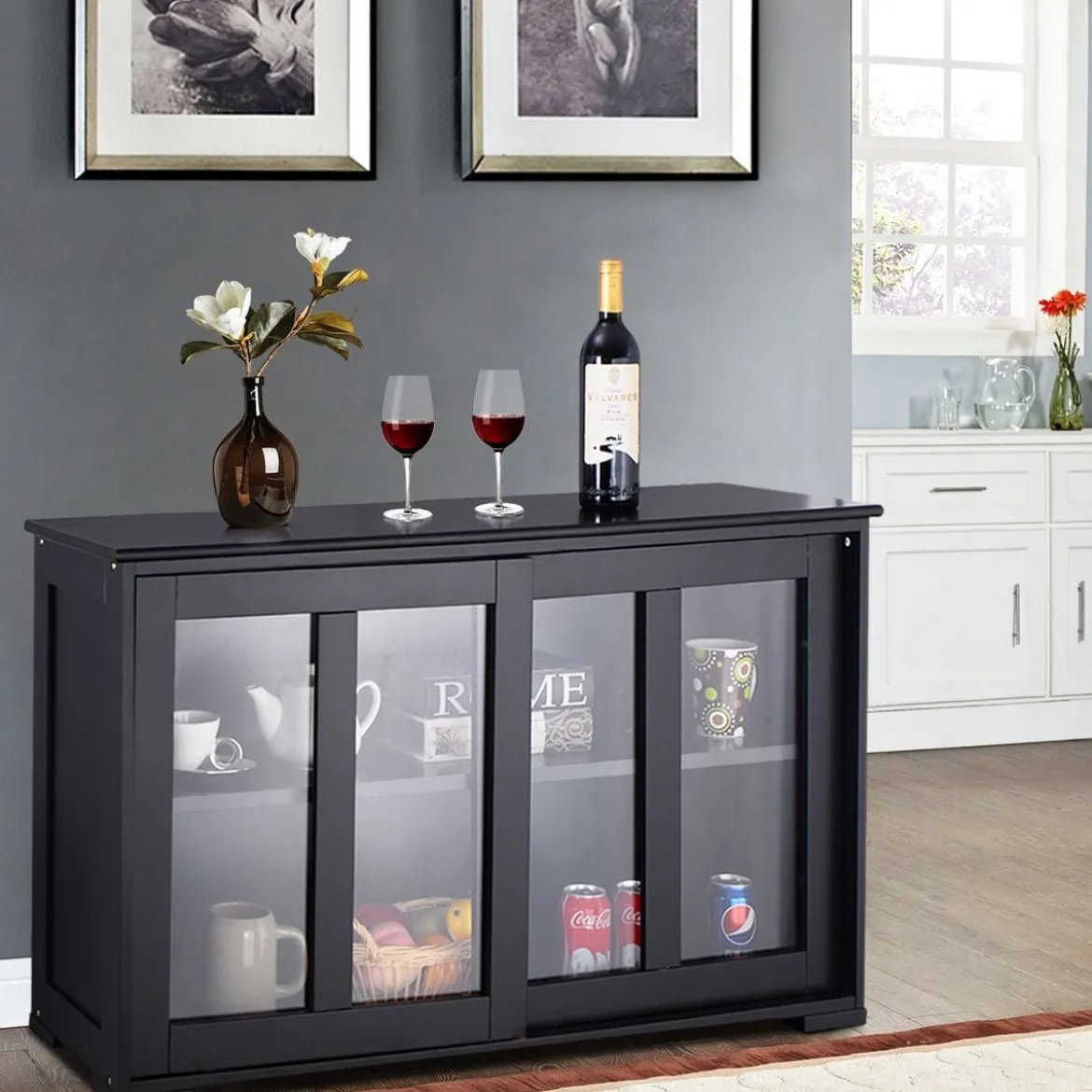 Sideboard Küchenschrank Wohnzimmerregel mit Schiebetüren Schwarz 106,5 x 33 x 62,5 cm