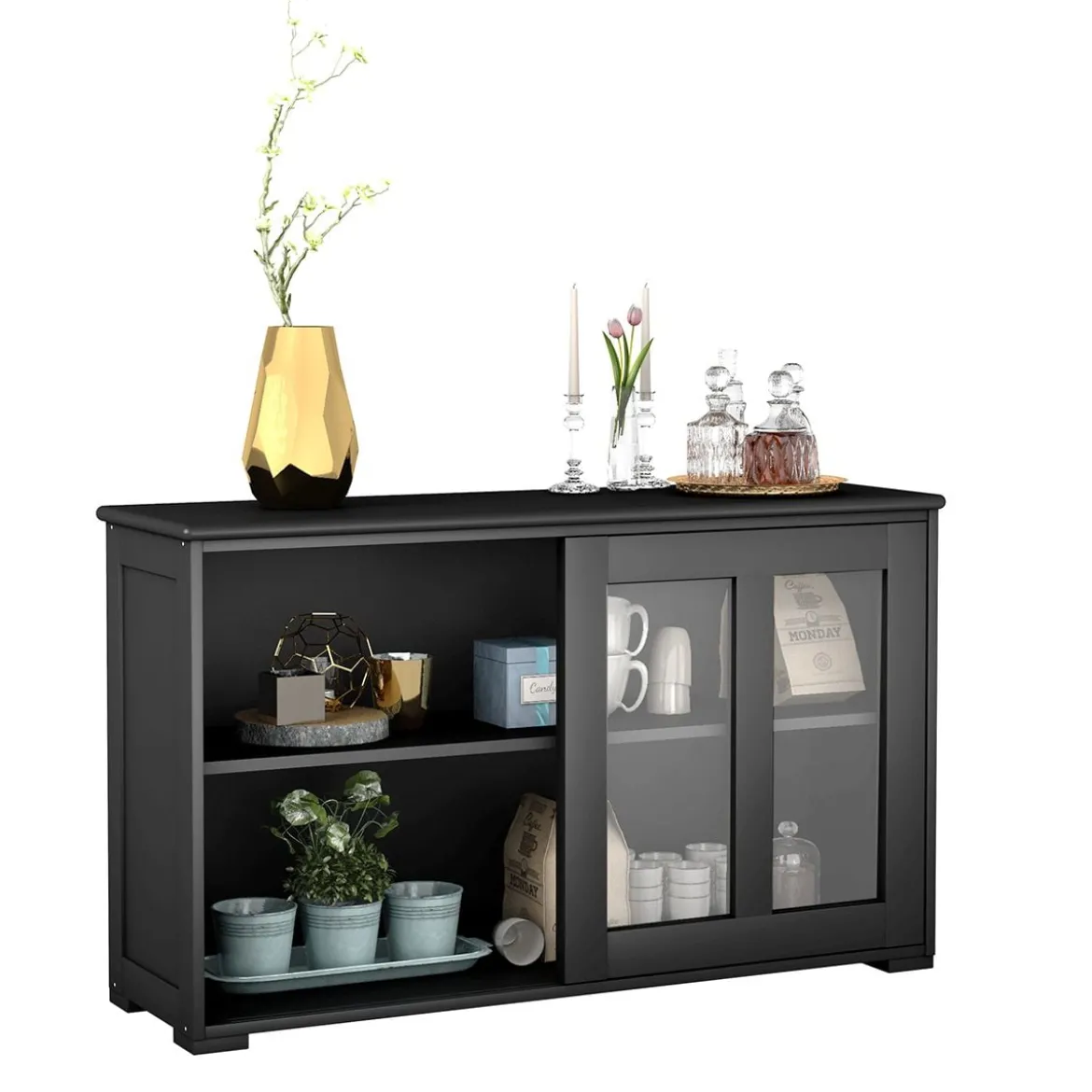 Sideboard Küchenschrank Wohnzimmerregel mit Schiebetüren Schwarz 106,5 x 33 x 62,5 cm