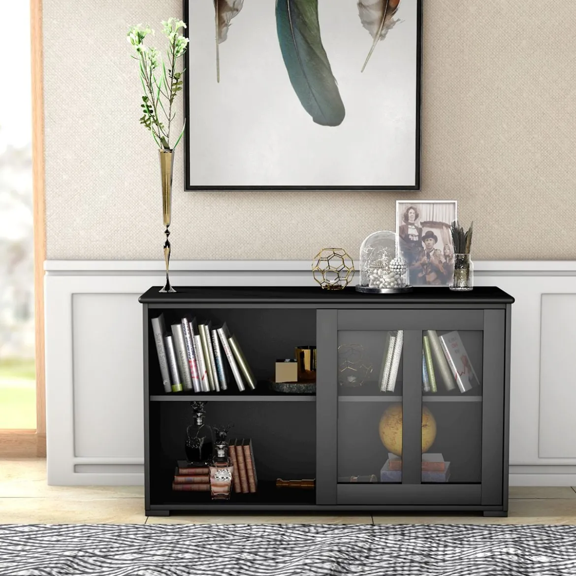 Sideboard Küchenschrank Wohnzimmerregel mit Schiebetüren Schwarz 106,5 x 33 x 62,5 cm