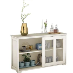 Sideboard Küchenschrank Wohnzimmerregel mit Schiebetüren Cremeweiß 106,5 x 33 x 62,5 cm