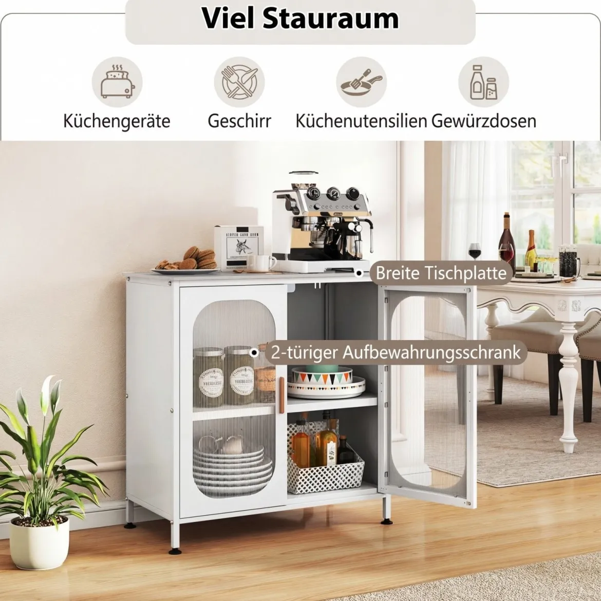 Sideboard Kommode mit Verstellbarer Ablage Buffetschrank mit Halbtransparenter Doppeltür Weiß