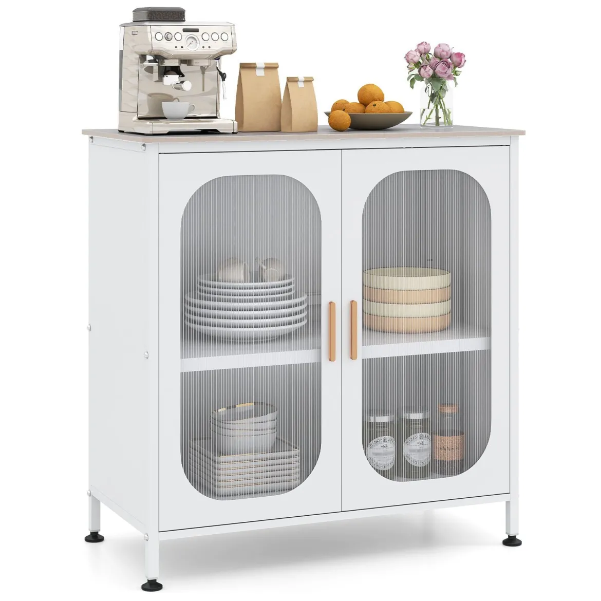 Sideboard Kommode mit Verstellbarer Ablage Buffetschrank mit Halbtransparenter Doppeltür Weiß