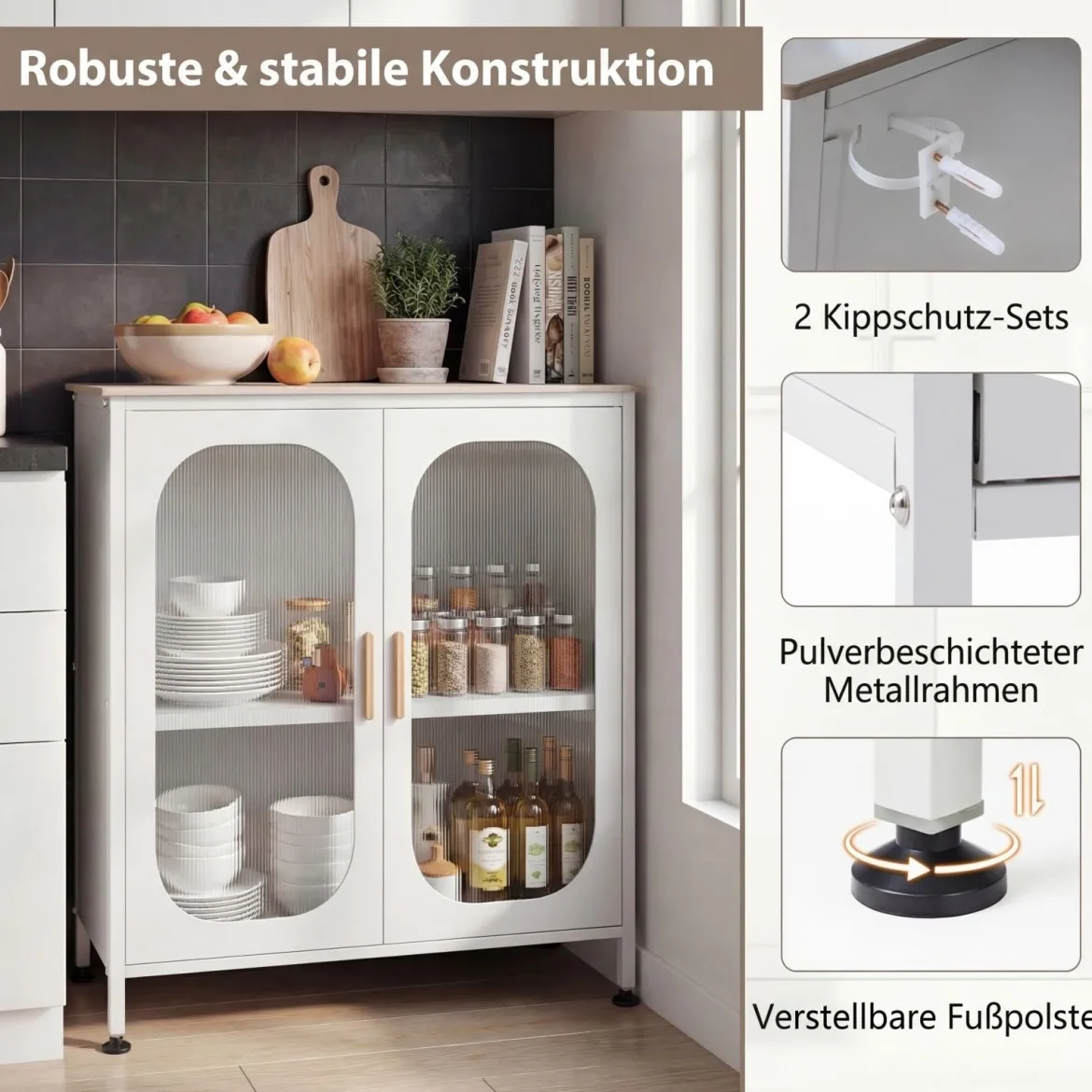 Sideboard Kommode mit Verstellbarer Ablage Buffetschrank mit Halbtransparenter Doppeltür Weiß