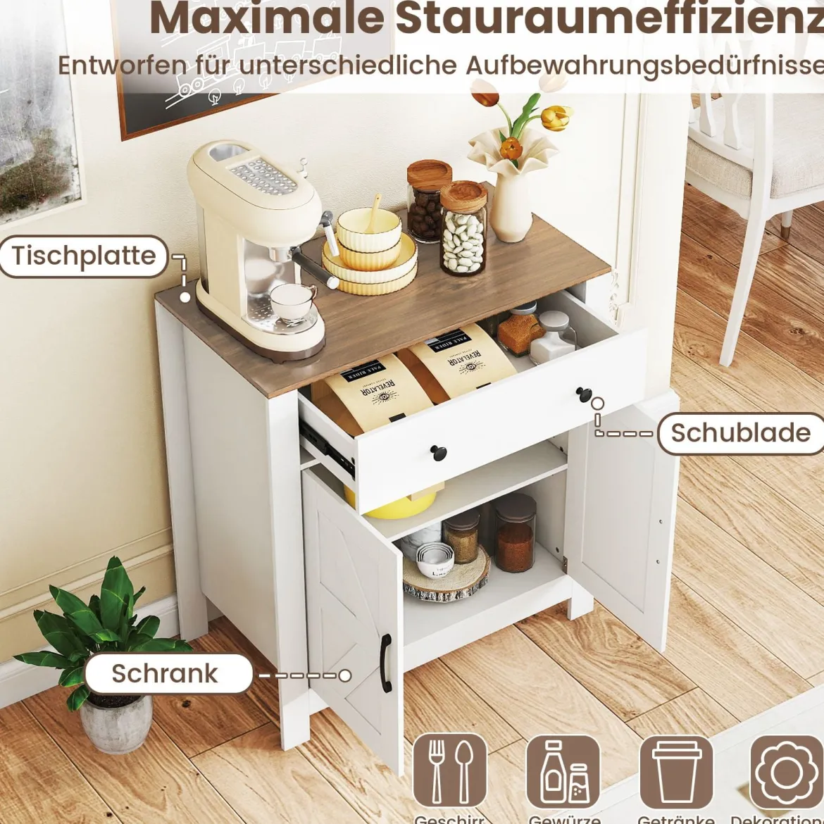 Sideboard mit Arbeitsplatte & Schublade & 2 Türen & Verstellbares Regal Landhausstil Küchenschrank