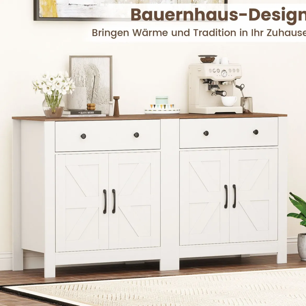 Sideboard mit Arbeitsplatte & Schublade & 2 Türen & Verstellbares Regal Landhausstil Küchenschrank