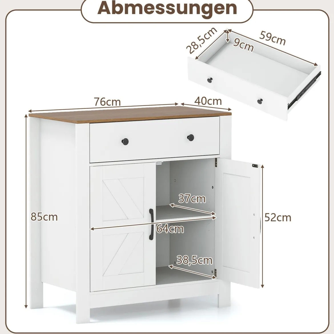 Sideboard mit Arbeitsplatte & Schublade & 2 Türen & Verstellbares Regal Landhausstil Küchenschrank