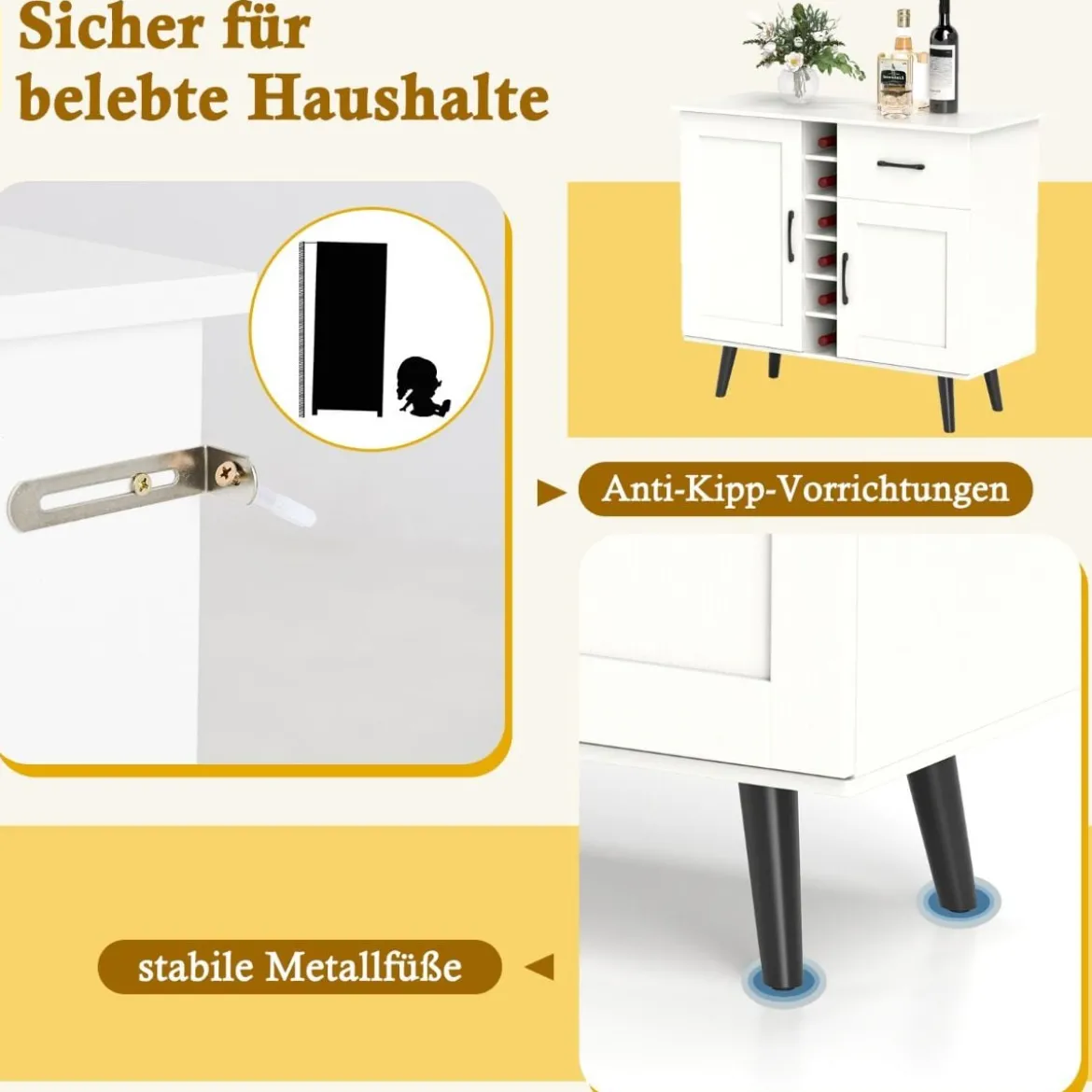 Sideboard mit 6-Flaschen Weinregal & Schublade & 2 Türen Moderner Weinbar Schrank Weiß