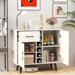 Sideboard mit 6-Flaschen Weinregal & Schublade & 2 Türen Moderner Weinbar Schrank Weiß