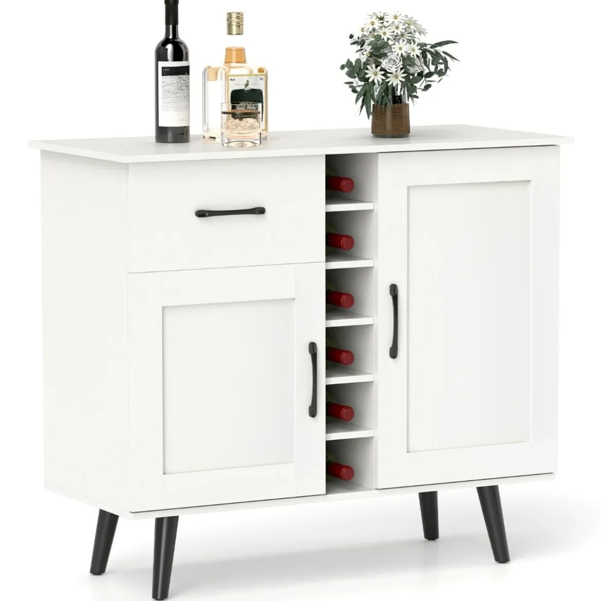 Sideboard mit 6-Flaschen Weinregal & Schublade & 2 Türen Moderner Weinbar Schrank Weiß