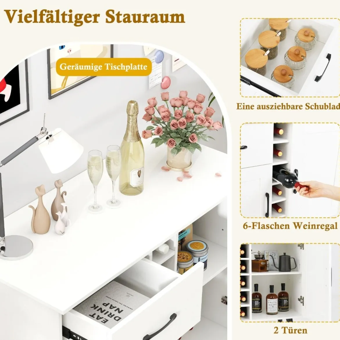 Sideboard mit 6-Flaschen Weinregal & Schublade & 2 Türen Moderner Weinbar Schrank Weiß