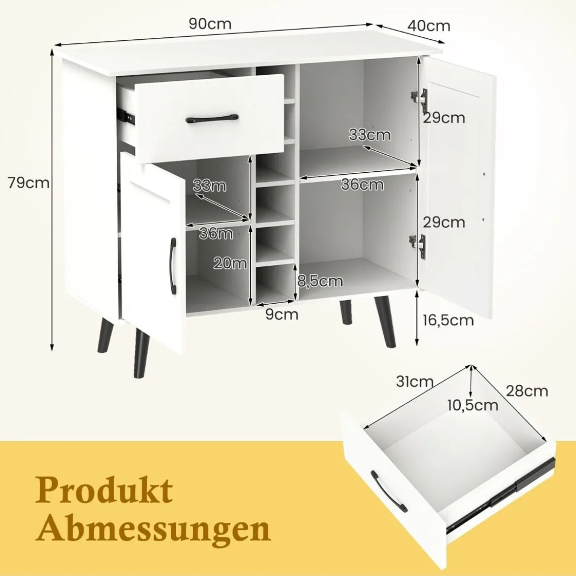 Sideboard mit 6-Flaschen Weinregal & Schublade & 2 Türen Moderner Weinbar Schrank Weiß
