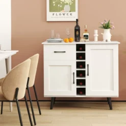 Sideboard mit 6-Flaschen Weinregal & Schublade & 2 Türen Moderner Weinbar Schrank Weiß