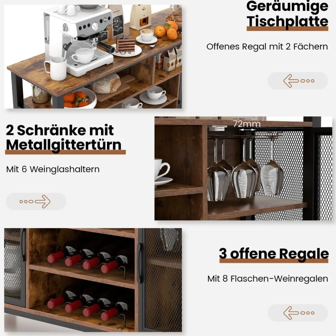 Sideboard mit 2 Metallgittertüren & Offenen Fächern & Weinregalen & Weinglashaltern Braun