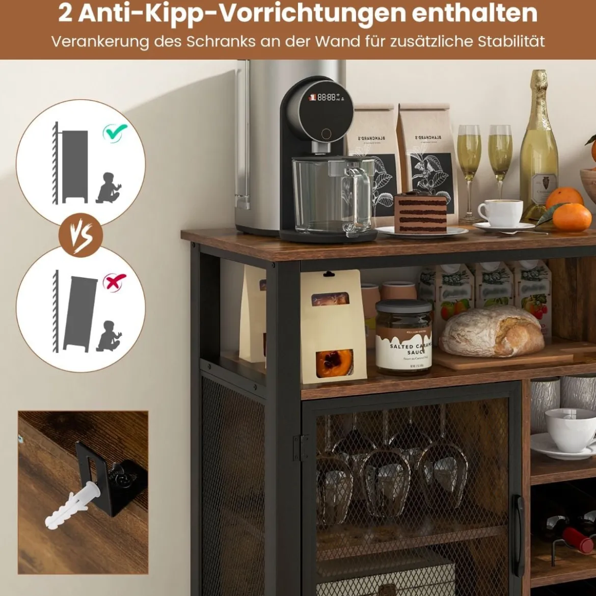 Sideboard mit 2 Metallgittertüren & Offenen Fächern & Weinregalen & Weinglashaltern Braun
