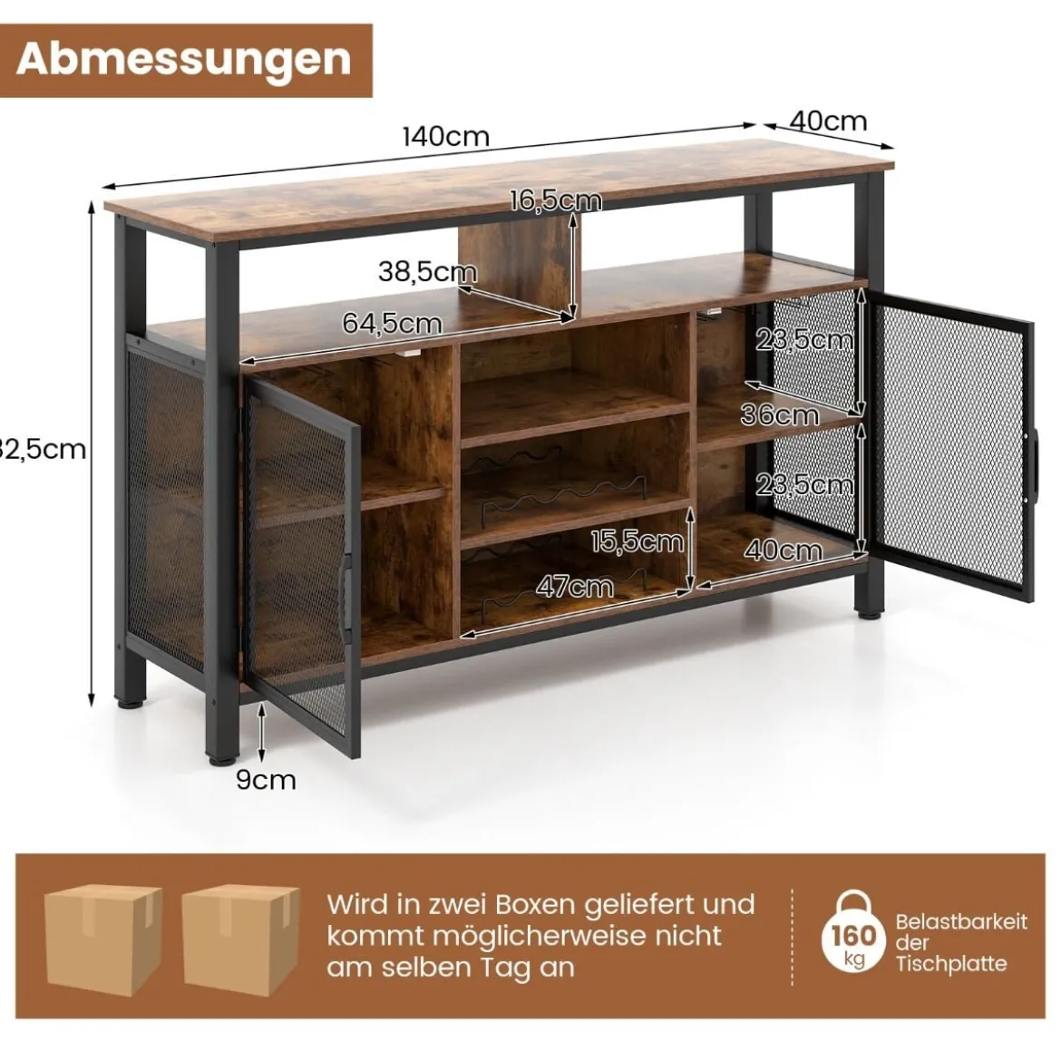 Sideboard mit 2 Metallgittertüren & Offenen Fächern & Weinregalen & Weinglashaltern Braun