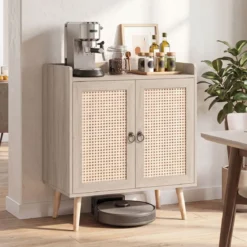 Sideboard mit Rattantüren Küchenschrank Holz mit Arbeitsplatte & Verstellbaren Ablagen 67 × 38 × 77 cm Natur