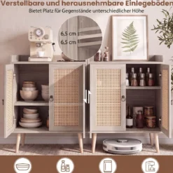 Sideboard mit Rattantüren Küchenschrank Holz mit Arbeitsplatte & Verstellbaren Ablagen 67 × 38 × 77 cm Natur