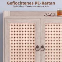 Sideboard mit Rattantüren Küchenschrank Holz mit Arbeitsplatte & Verstellbaren Ablagen 67 × 38 × 77 cm Braun