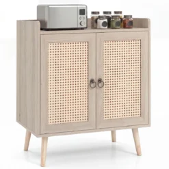 Sideboard mit Rattantüren Küchenschrank Holz mit Arbeitsplatte & Verstellbaren Ablagen 67 × 38 × 77 cm Braun