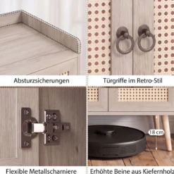Sideboard mit Rattantüren Küchenschrank Holz mit Arbeitsplatte & Verstellbaren Ablagen 67 × 38 × 77 cm Braun
