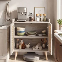 Sideboard mit Rattantüren Küchenschrank Holz mit Arbeitsplatte & Verstellbaren Ablagen 67 × 38 × 77 cm Braun