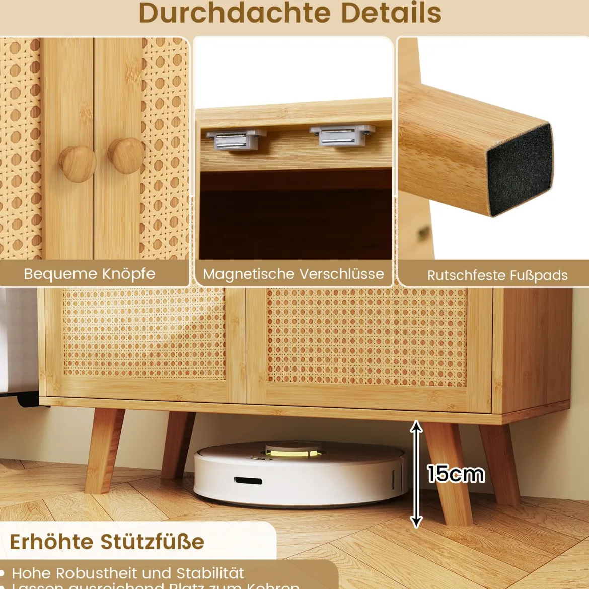 Sideboard mit 2 Rattantüren Küchenschrank aus Bambus mit Arbeitsplatte 80 x 34,5 x 85 cm Natur