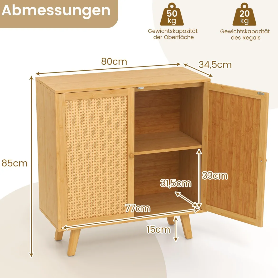 Sideboard mit 2 Rattantüren Küchenschrank aus Bambus mit Arbeitsplatte 80 x 34,5 x 85 cm Natur