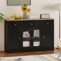 Sideboard mit 3 Schubladen & 2 Glastüren & Verstellbaren Regalen Küchenschrank Schwarz
