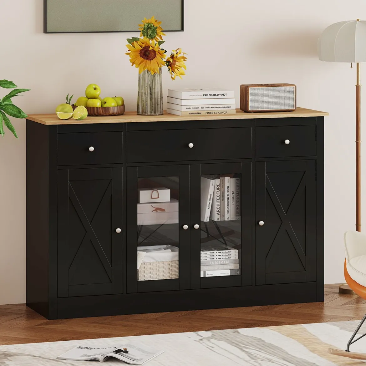 Sideboard mit 3 Schubladen & 2 Glastüren & Verstellbaren Regalen Küchenschrank Schwarz