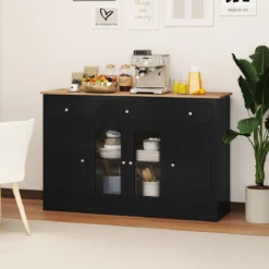 Sideboard mit 3 Schubladen & 2 Glastüren & Verstellbaren Regalen Küchenschrank Schwarz