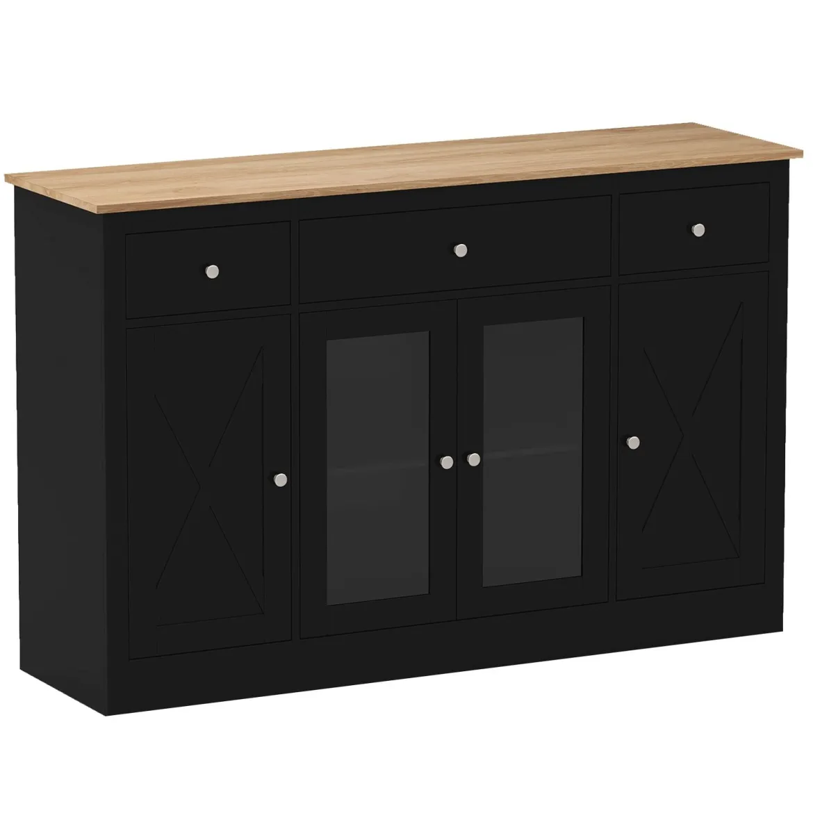 Sideboard mit 3 Schubladen & 2 Glastüren & Verstellbaren Regalen Küchenschrank Schwarz